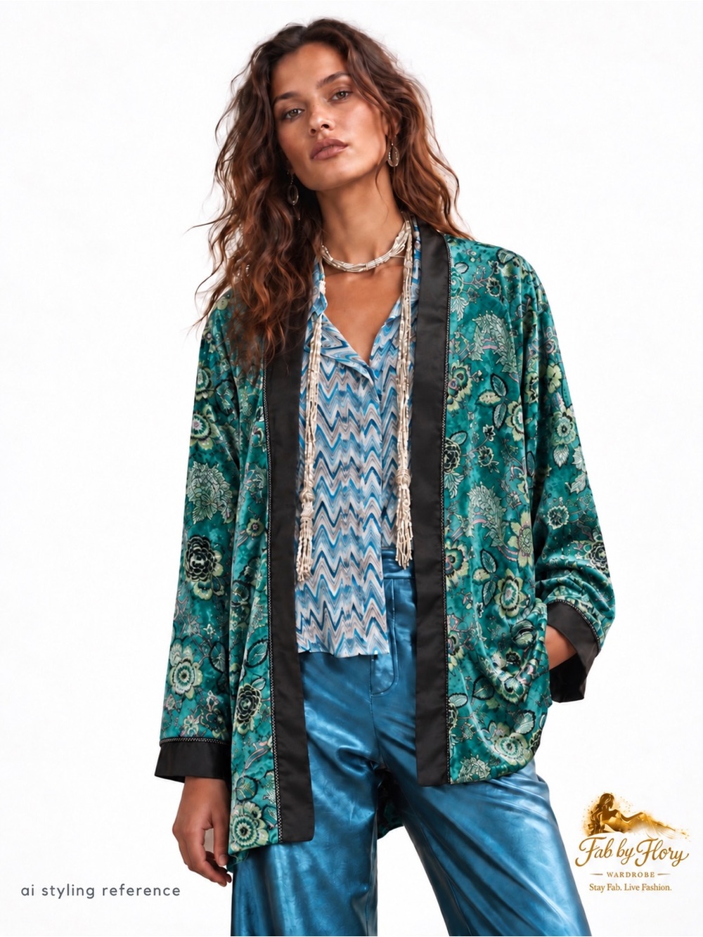 NKN Nekane Hari Turquoise Velvet Floral Kimono Jacket NWT M/L